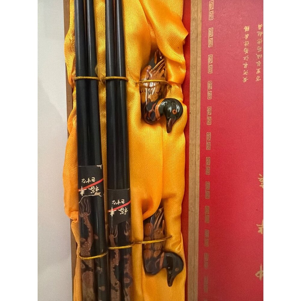 Wooden Chinese Chopsticks with Dragon Design & Duck Chopstick Holders Gift Set